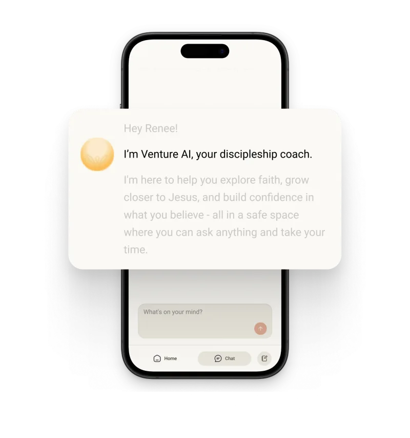 Venture app showing a personalized discipleship coach conversation
