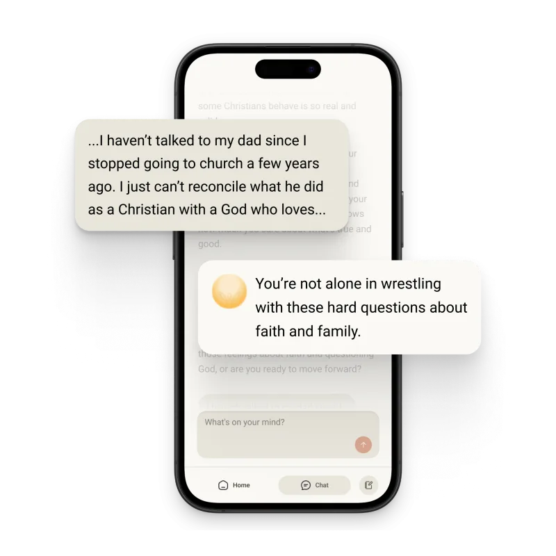 Venture app showing personalized conversation about faith and family