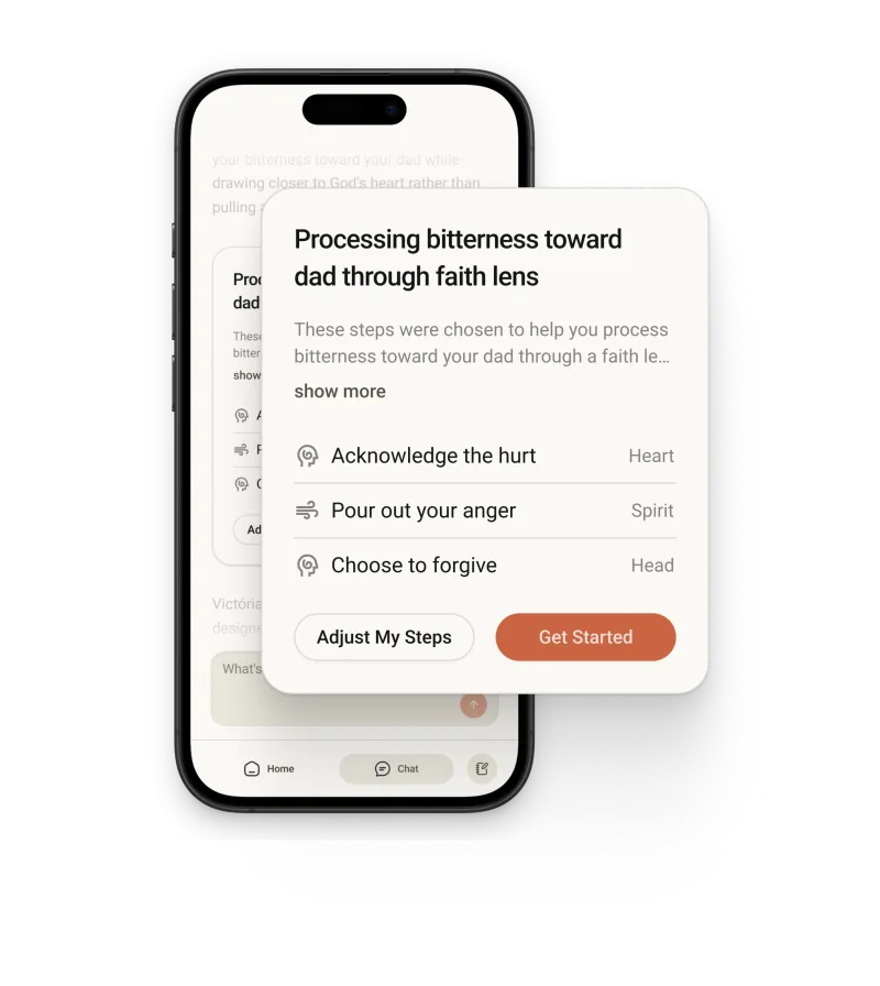 Venture app showing personalized steps of faith